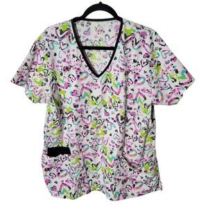 I Love Scrubs Womens Sz L White Pink Heart Short Sleeve Medical Scrub Top